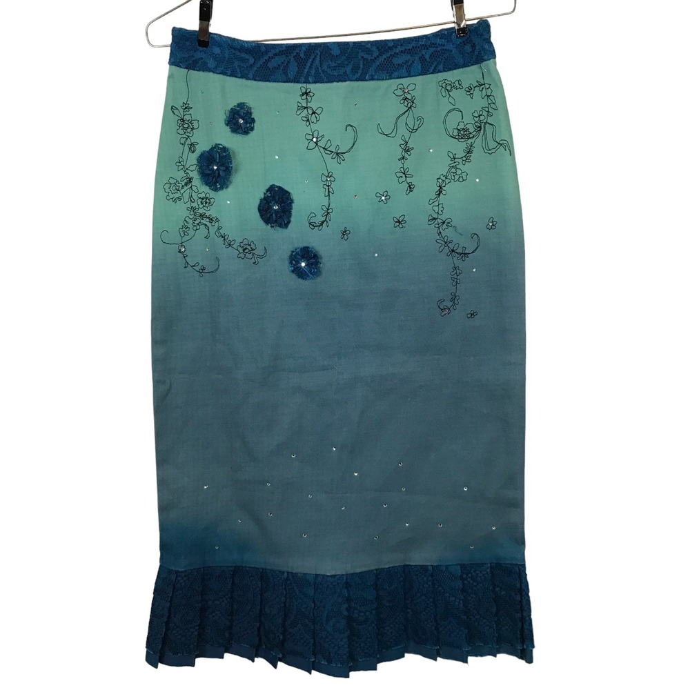 ELLE Womens Size 6 Ombre Blue Pencil Skirt Lace Hem Embellished Floral Detail